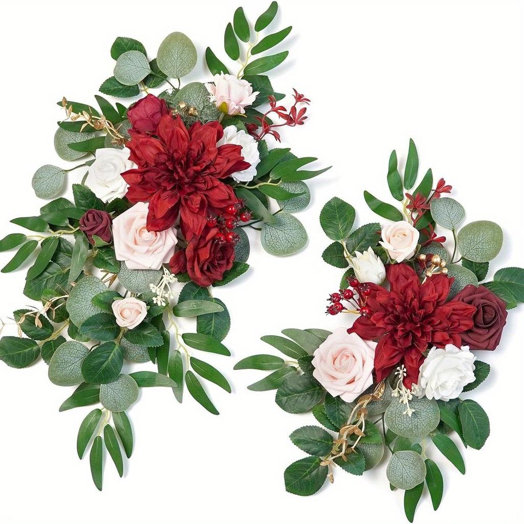 2Pcs Artificial Rose Flowers Green Plant Decoration, For Outdoor Patio Garden Wedding Reception Background Decoration, Flower Decoration Wall Home