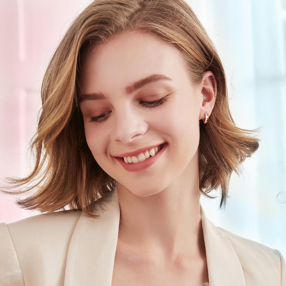 PHNIBIRD Hoop Earrings for Women 925 Silver Hypoallergenic Rose Gold Hoop Earrings for Girls 13mm Cute Adult Pink Gold Earrings
