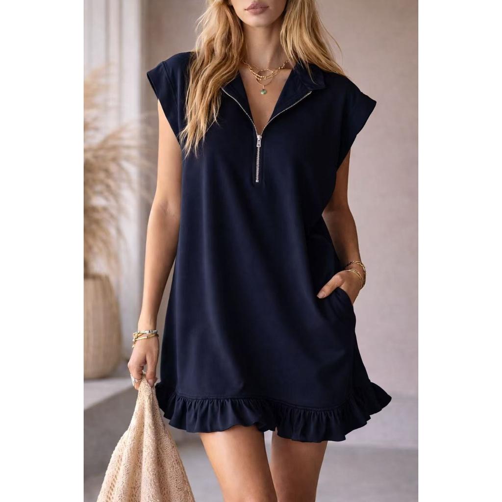 Spring Summer Women's Sleeveless V-Neck Zipper Ruffle Hem A-Line Dress with Double Pockets European American Style Casual Party Dress