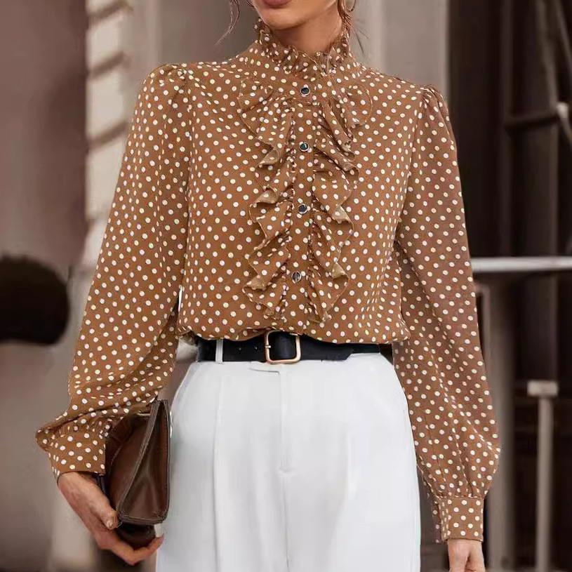 

Элегантный топ с длинными рукавами, воротником-стойкой и винтажной отделкой в горошек, женские блузки и рубашки XL темно-коричневого