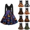 Women's Fashion Wave Edge V-Neck Casual Slim Halloween Printed Long Sleeve Dresses