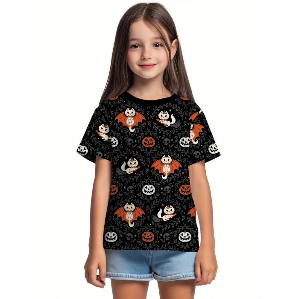Halloween Girls Cartoon Pumpkin Short Sleeve Leisure Tops 3D Print T-Shirt Exaggerate Horror Party Street Holiday Girl Clothing