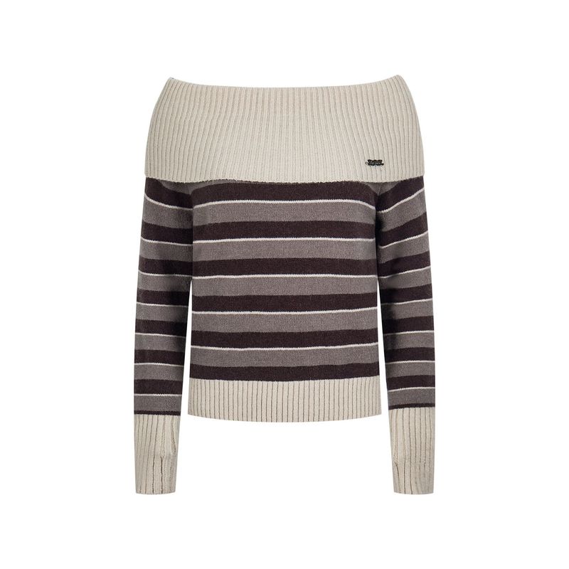 [Designer Style] Pure Desire Striped Off-Shoulder Knitted Sweater for Women, Autumn and Winter, Slimming Waist, Long Sleeve Top