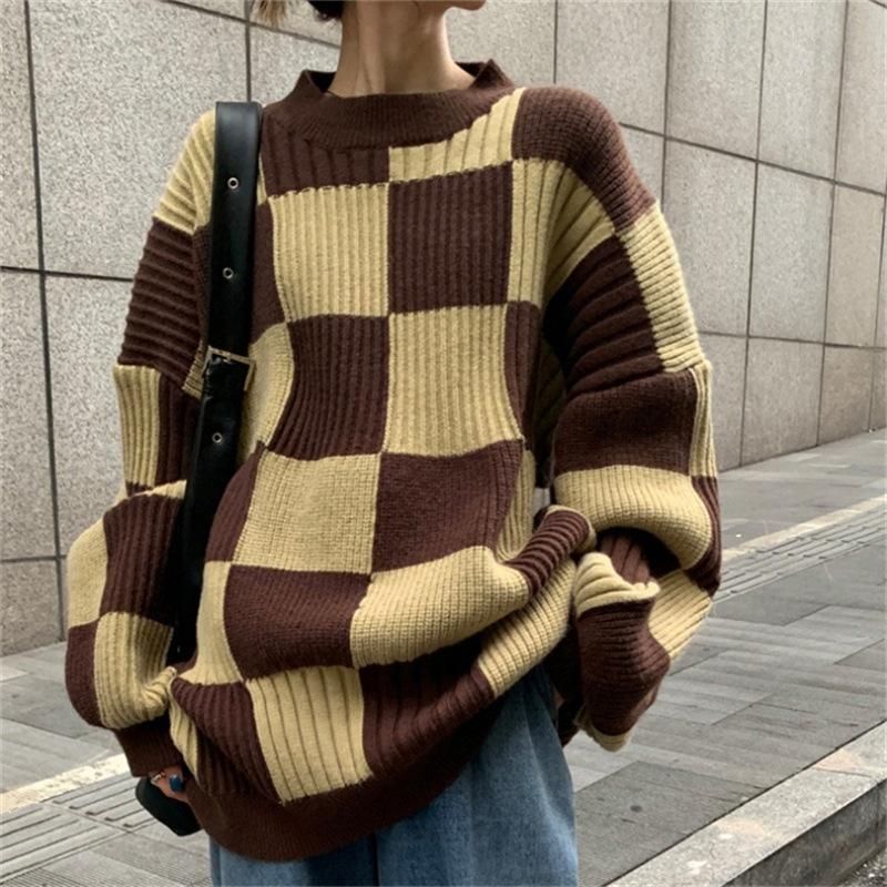 

Новый свободный свитер ленивый ретро женская одежда осень и зима высококлассный топ клетчатый вязаный свитер One Size хаки