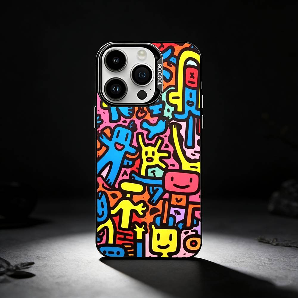 Cartoon Graffiti Phone Case For iPhone 17,16,15,14,13,12,11 Plus,Pro Max,XS,Colored silver phone case