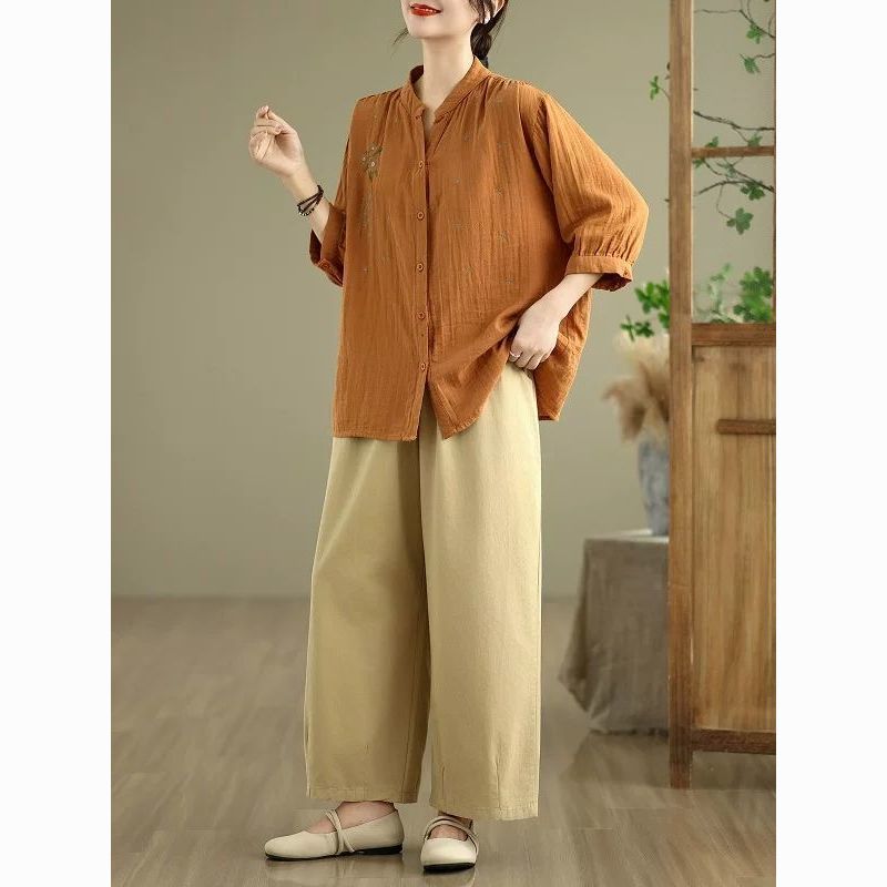 Leinen Stickerei Hemd Damen Locker Mittellang Ärmel Vintage Bohemian Freizeit Bluse