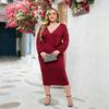 Plus Size Women Spring Autumn Long Sleeve V Neck Solid Color Tie Waist Midi Dress