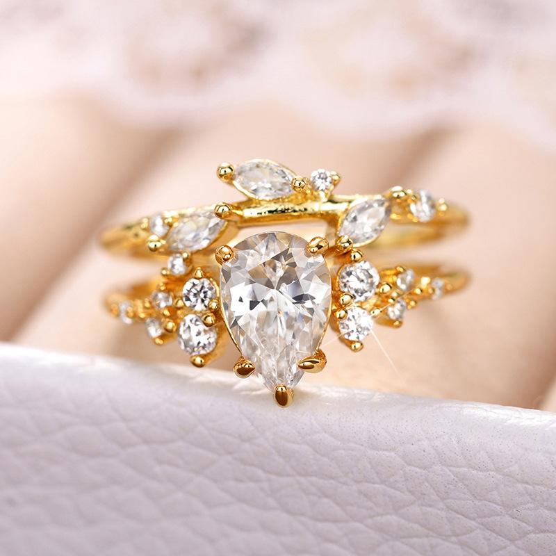 Trendy Bridal Sets Rings with Waterdrop Cubic Zirconia Romantic Women's Accessories Anniversary Party New Luxury Jewelry