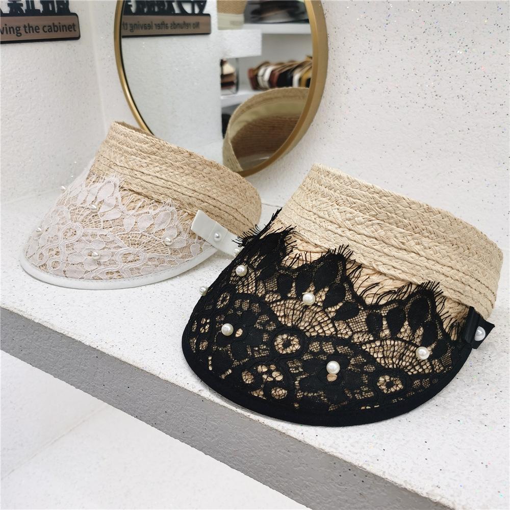 Summer Pearl Empty Top Hat Temperament Fashion Lace Sunscreen Hat Travel Beach Vacation Roof Shade Lafite Straw Hat