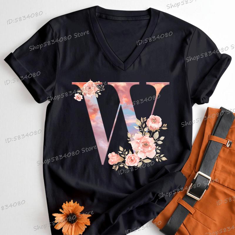 Womens Clothing Pink Flower Alphabet Classic Top Sky Alphabet Cartoon Tshirt FeUnisex Floral Letters A B C D Birthday Gift Shirt