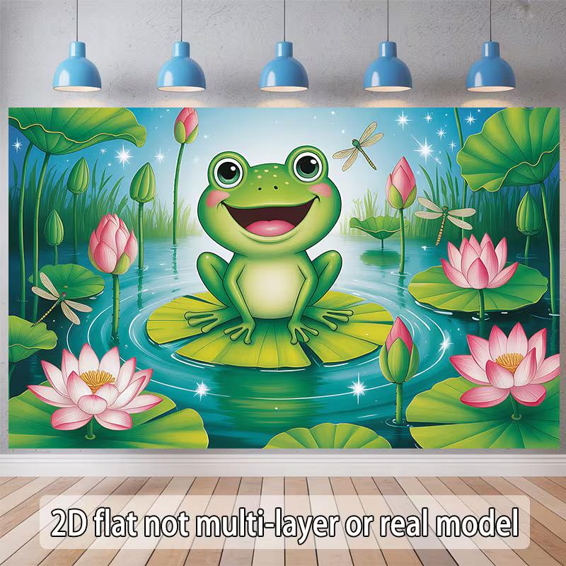 

2D Cartoon Frog Backdrop Lotus Pond Dragonfly Photography Background Banner 47.2x31.5inch/120*80cm