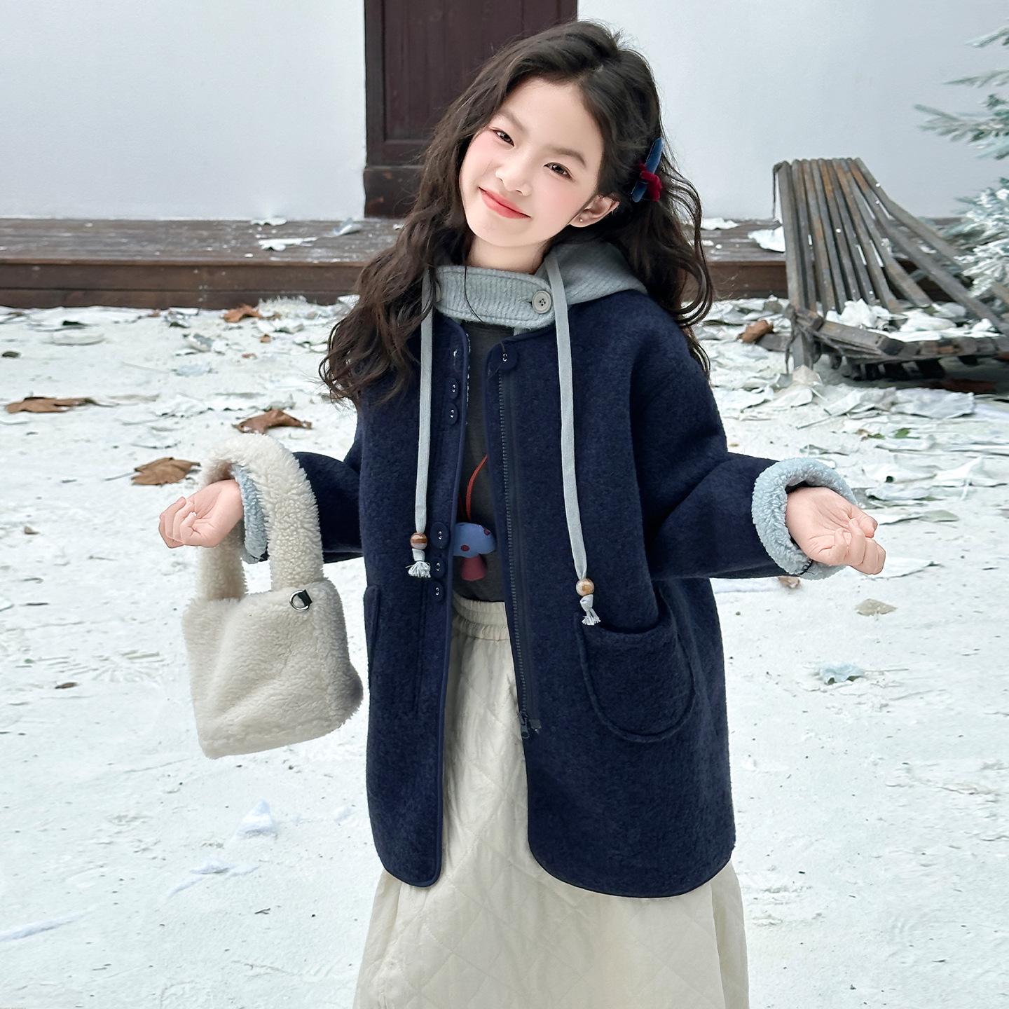 

Girls Fleece-Lined Hooded Woolen Coat - Autumn/Winter 2025 - Stylish & Warm for Big Kids 150 cm