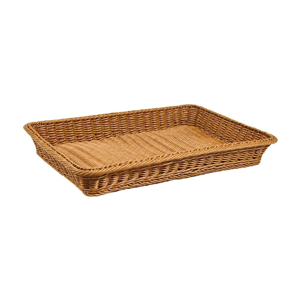 Faux-Rattan Woven Basket Versatile Low-Sided with Reinforced Rims