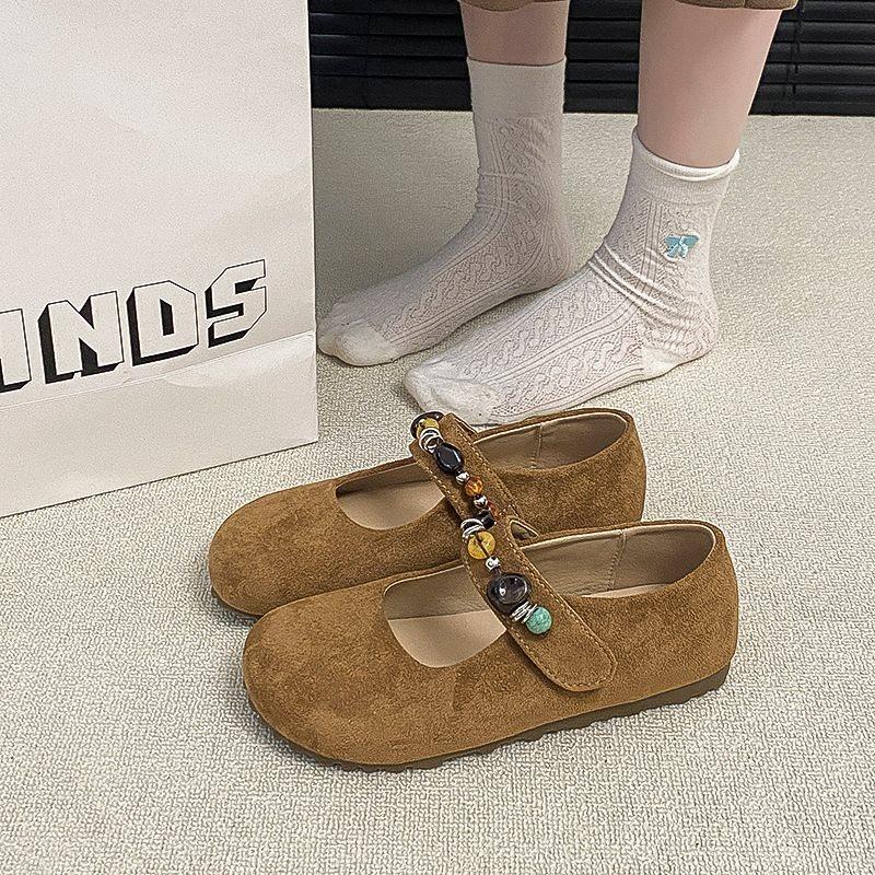 New Flat Birkenstocks Mary Jane Retro Skirt Women'S Velcro Single Shoes Autumn Beads