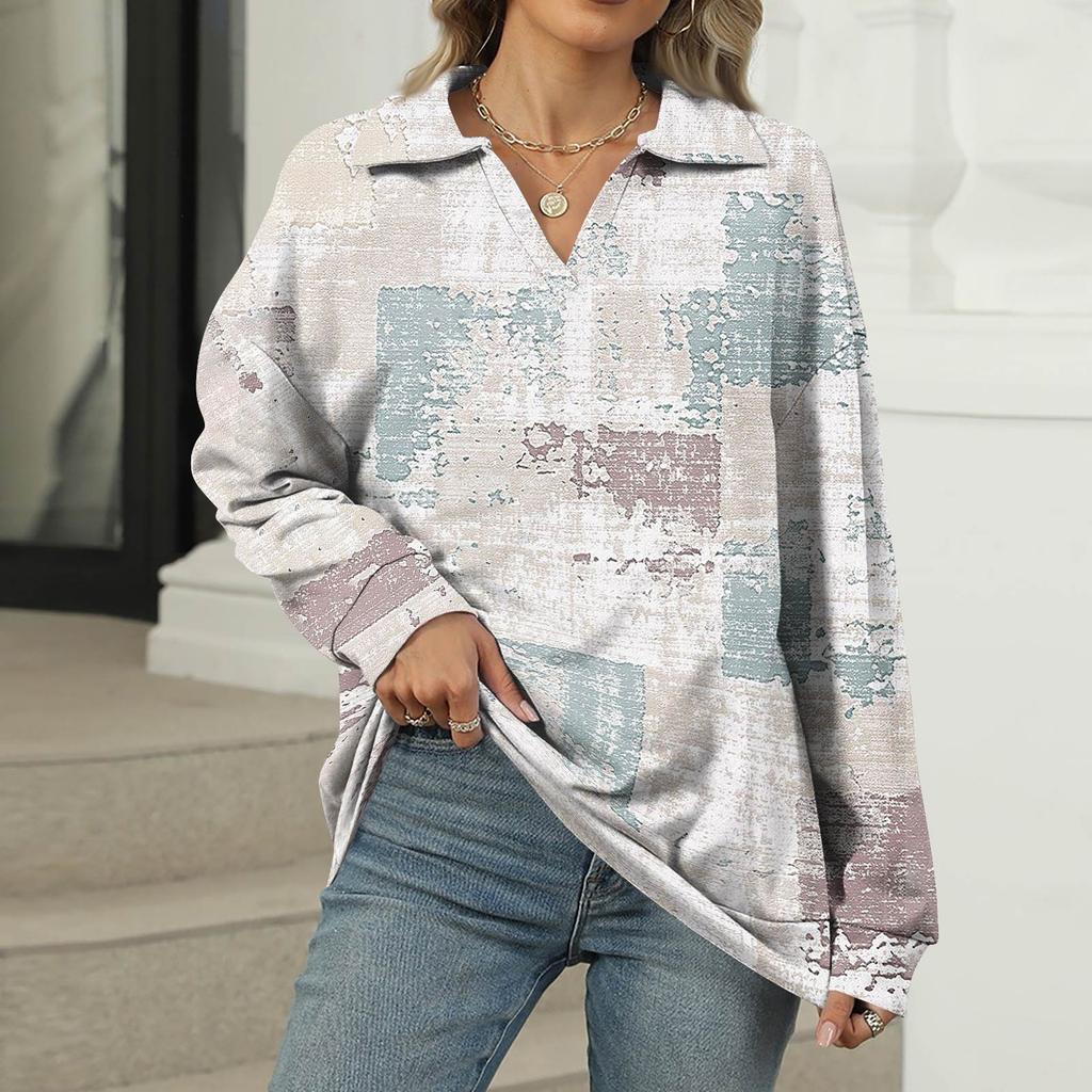 Women's Summer Fashion Casual  Printed V-Neck Long Sleeve Shirt Top