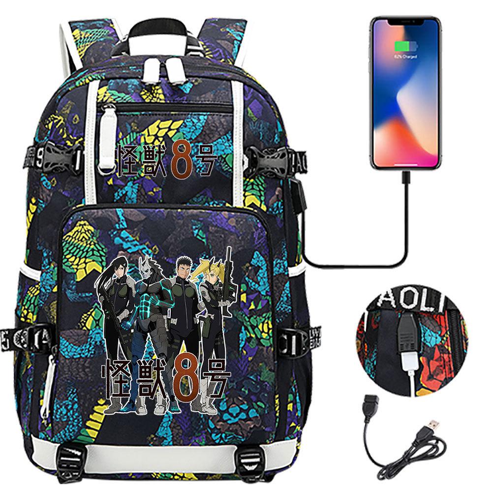 Kaiju No. 8 Printed USB Port Backpack Youth Student School Bag Large Capacity Travel Daypack