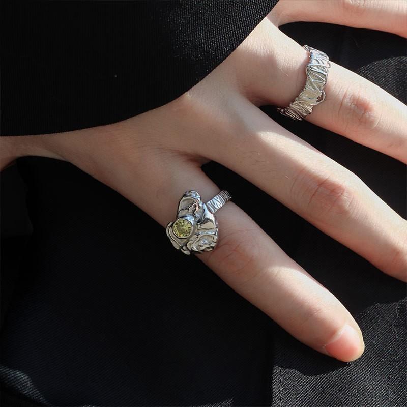 Unisex Fashion Forward Adjustable Ring With Irregular Shape In Bright Yellow Tone Green
