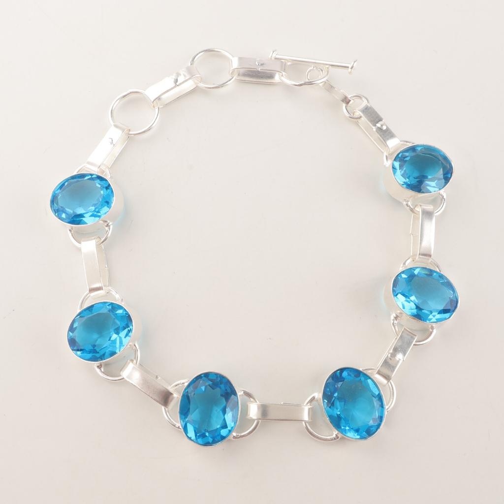 Swiss Blue Topaz Gemstone 925 Sterling Silver Jewelry Bracelet 9" Gift For Women RB-6-4