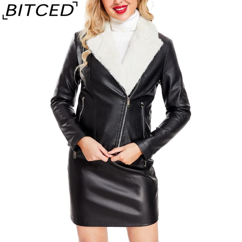 BITCED Autumn/Winter Faux Fur-Lined Leather Jacket for Women with Fleece Lining, Long Sleeves, Warm Coat, Casual Style