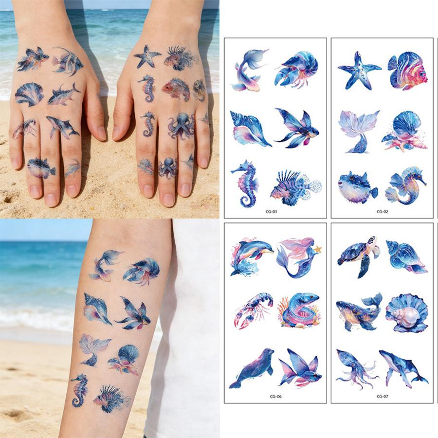 Tattoo Fake Tatoo 10Pcs Ocean Custom Body Art Arm Sea Turtle Whale Jellyfish Temporary Tattoos Sticker Blue Shark Jewelry
