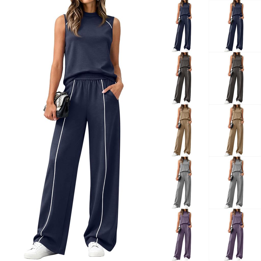 Women Sleeveless High Neck Top and Wide Leg Pants Set Casual Two Piece Outfit Elastic Waistband Relaxed Fit Soft Fabric