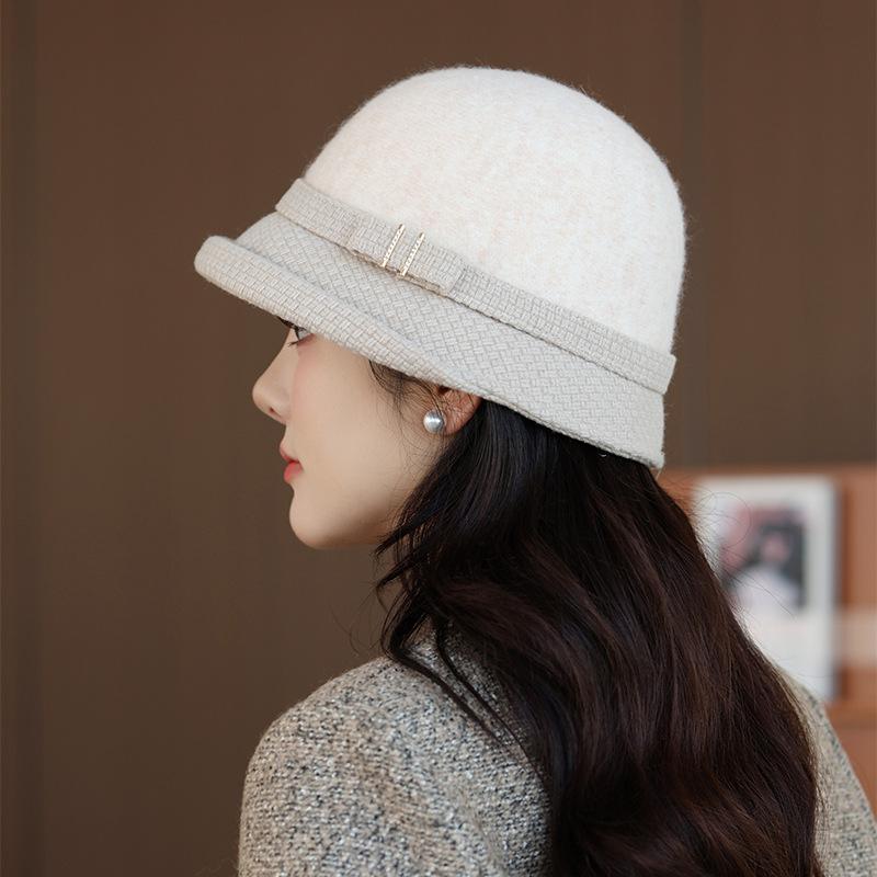 In The Elderly Autumn and Winter Bucket Hat Female British Style Top Hat Warm Woolen Bucket Hat Fashion Basin Hat