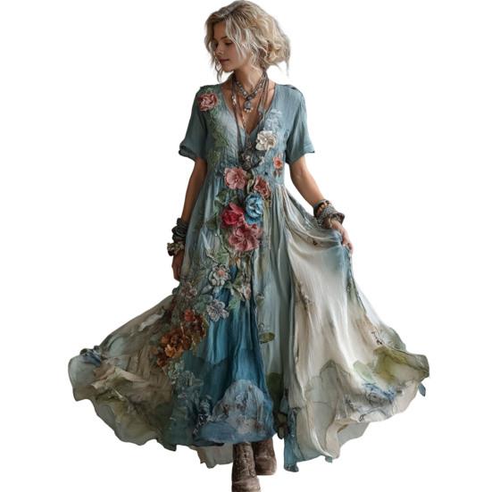 

Жіноча сукня максі з квітковим принтом, коротким рукавом, V-подібним вирізом, сукня-трапеція, бохо, вільна, А-силуету, повсякденна, для випускного, вечірки, весілля S синій