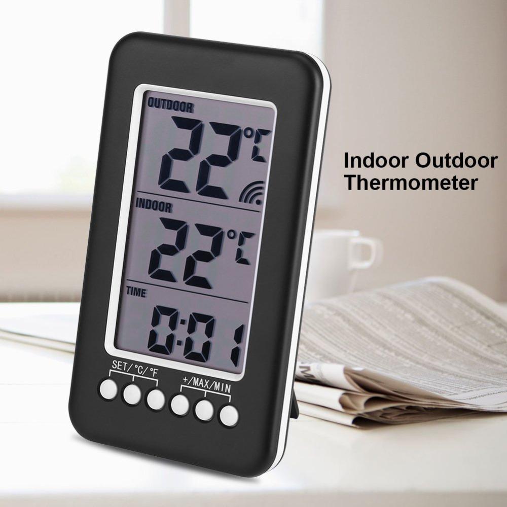 Indoor Outdoor Thermometer LCD Thermo Meter with Clock Wireless Temperature Room Therm Ometer Digital Ther Mometer for Home Office Bedroom