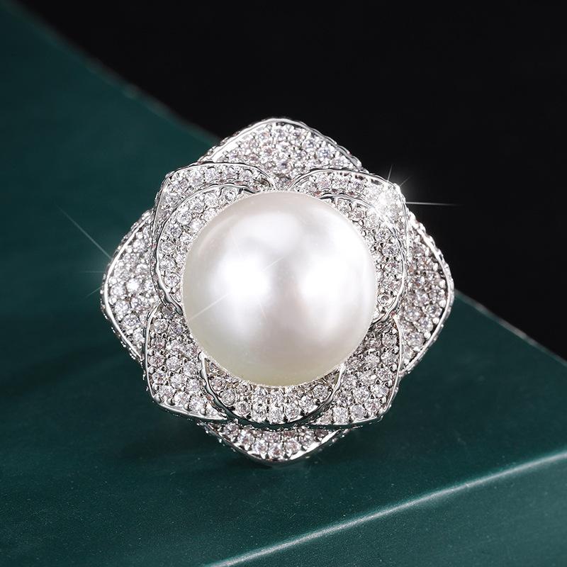 Jewelry Copper Platinum Plated Austrian Fritillary Pearl Diamond Flower Diamond Women'S Ring 14Mm