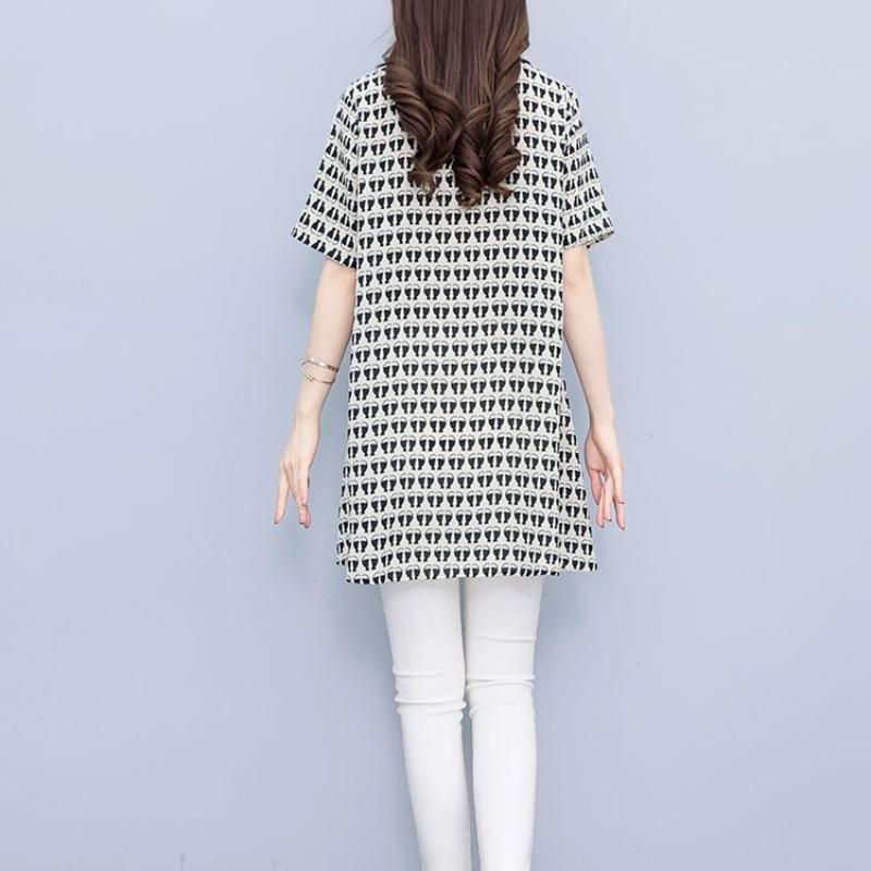 Korean Minimalist New Summer Printing Women's V-neck Button Fashion Versatile Short Sleeve Loose Mid Length Chiffon Shirt Tops