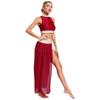 S-XL Womens Shiny Rhinestones Lyrical Dance Outfit Mock Neck Sleeveless Keyhole Back Crop Top with Side Split Flowy Mesh Skirt