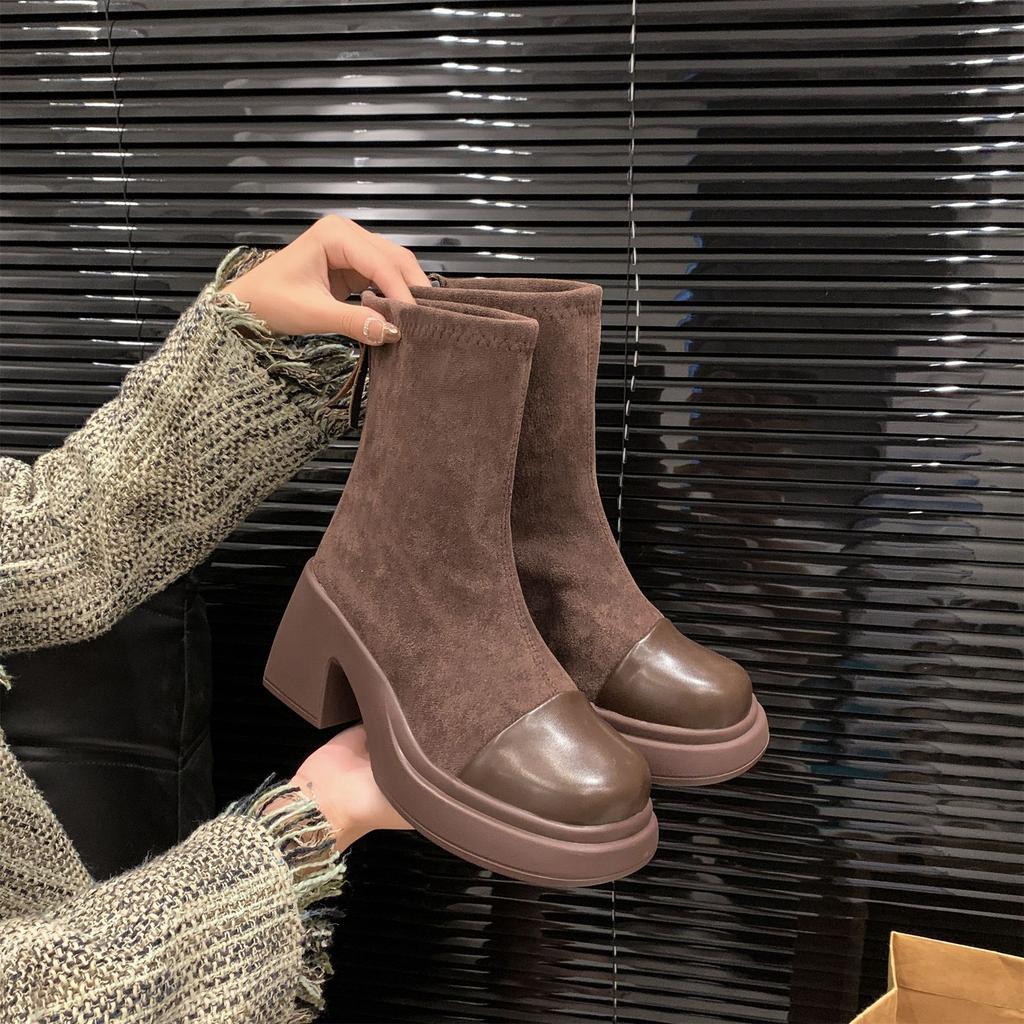 Retro thick-soled Martin boots women's 2025 autumn new versatile small height-increasing short boots thick heel thin elastic boots