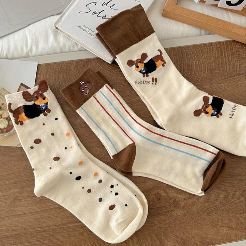 Autumn and Winter Versatile Three-dimensional Cartoon Socks for Women, Pure Cotton Colorful Dot Striped Fringed Dachshund Mid-calf Socks in Trend