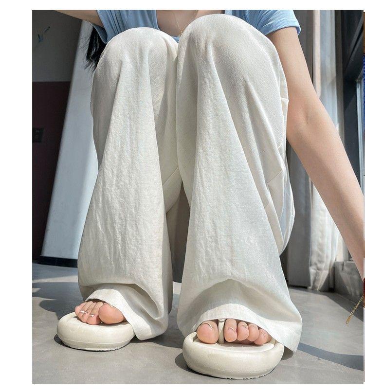 Women's Tencel Linen Wide-Leg Pants - Summer Ice Silk Cotton Blend, High Waist, Slimming, Floor Length, Loose Fit.