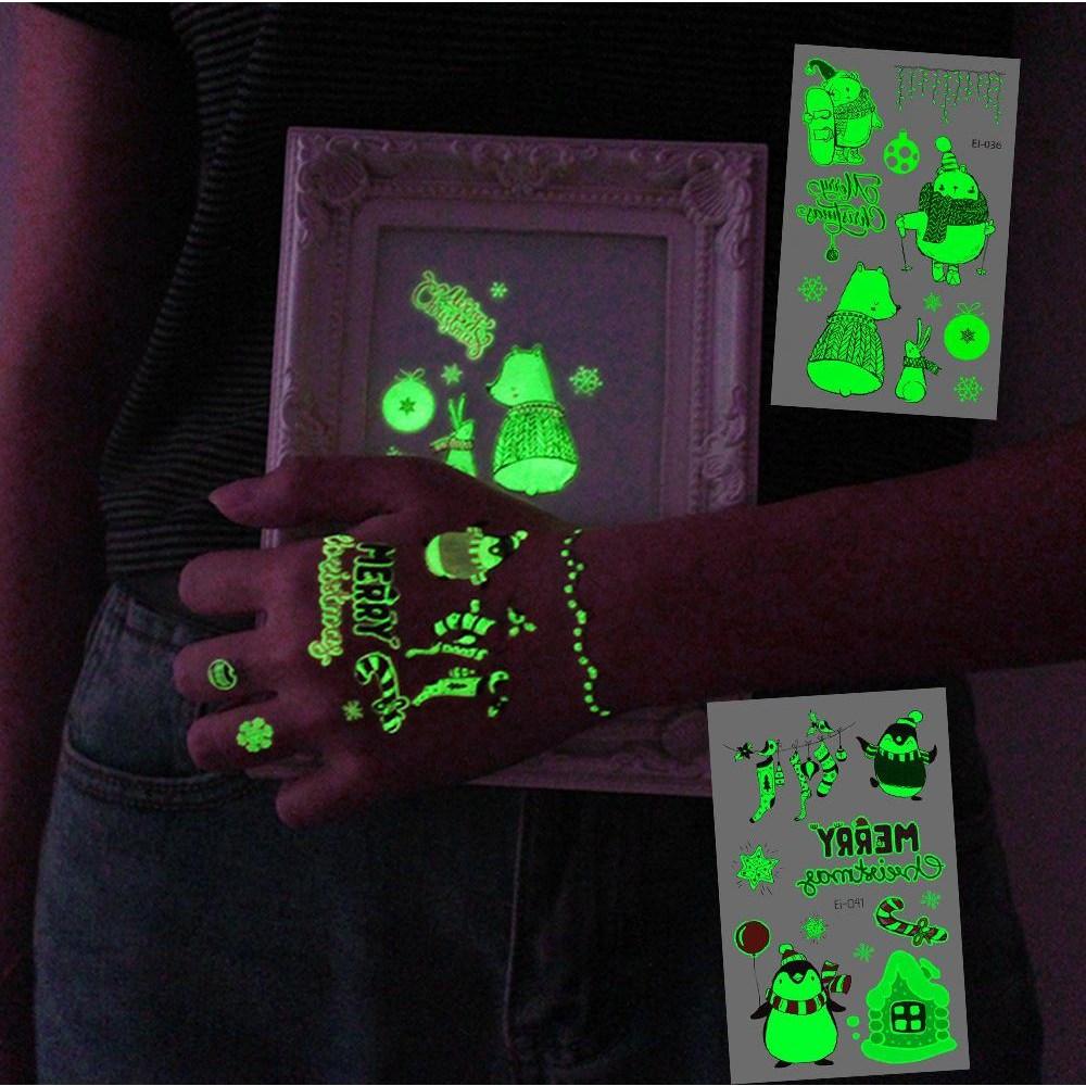 Autocolante de tatuaje de Crăciun care strălucesc în întuneric, set de 9 autocolante cu henna