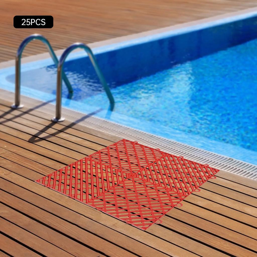 25PCS Red Tiles Interlocking,12x12x0.5Inch Drainage Floor Accessories W/ High Load Bearing,Nonslip Deck Flooring for Pool Shower