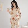 2Pcs/Set Spring and Autumn Women Pajamas Cute Floral Cotton Cartoon Long-Sleeved Clothing Korean Elastic HomeWear