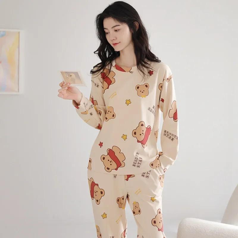 2Pcs/Set Spring and Autumn Women Pajamas Cute Floral Cotton Cartoon Long-Sleeved Clothing Korean Elastic HomeWear