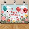 2D Kids Birthday Backdrop with Smiling Balloons, Flowers and Butterflies