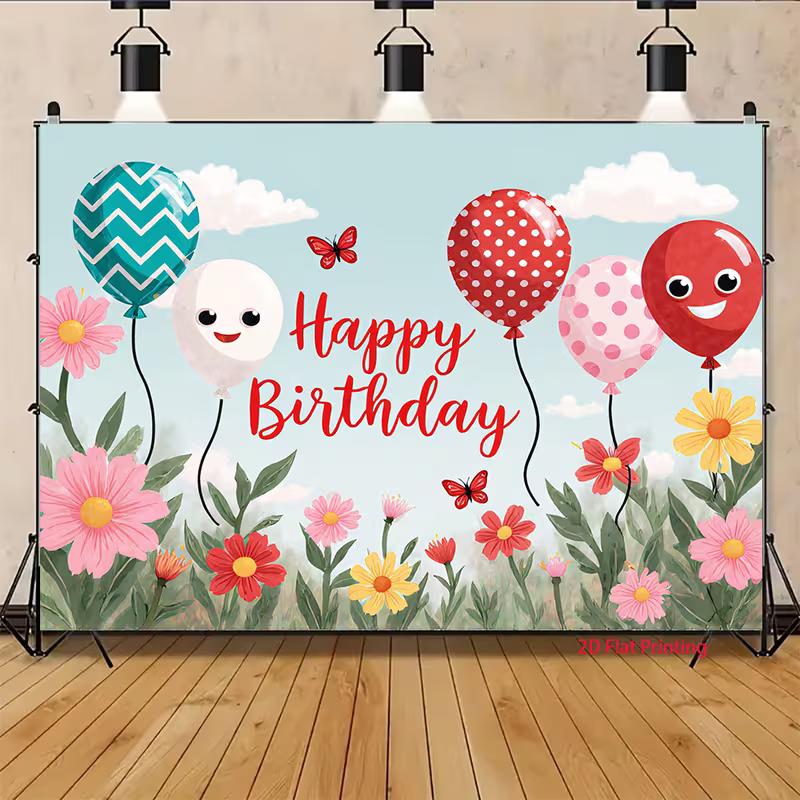 2D Kids Birthday Backdrop with Smiling Balloons, Flowers and Butterflies