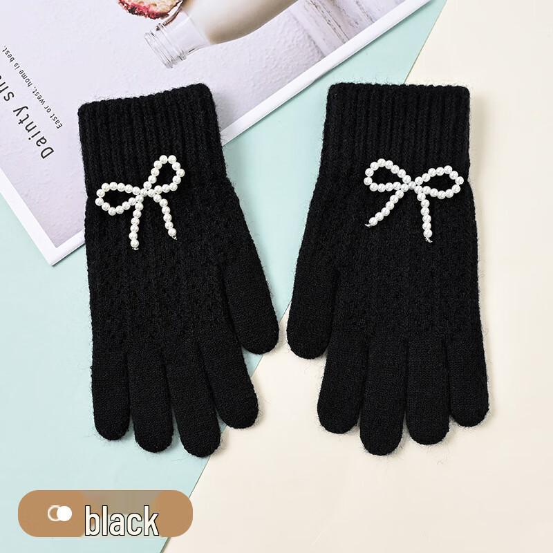 Women's Winter Knitted Touchscreen Gloves with Bow & Pearl