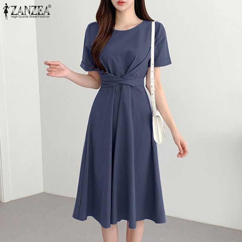 

ZANZEA Женское повседневное летнее длинное платье с коротким рукавом и круглым вырезом