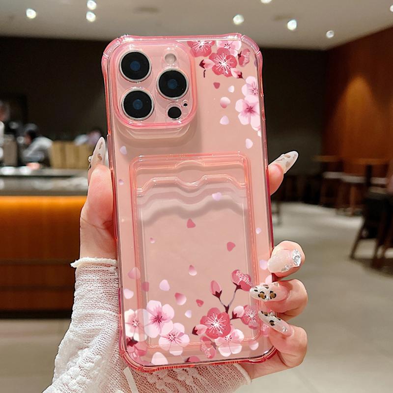 For iPhone 16 Pro Max 16E 15 14 Pro 13 12 11 Cover Bowknot Floral Print Clear Card Slot Soft Silicone Lens Protection Shockproof Slim Phone Case