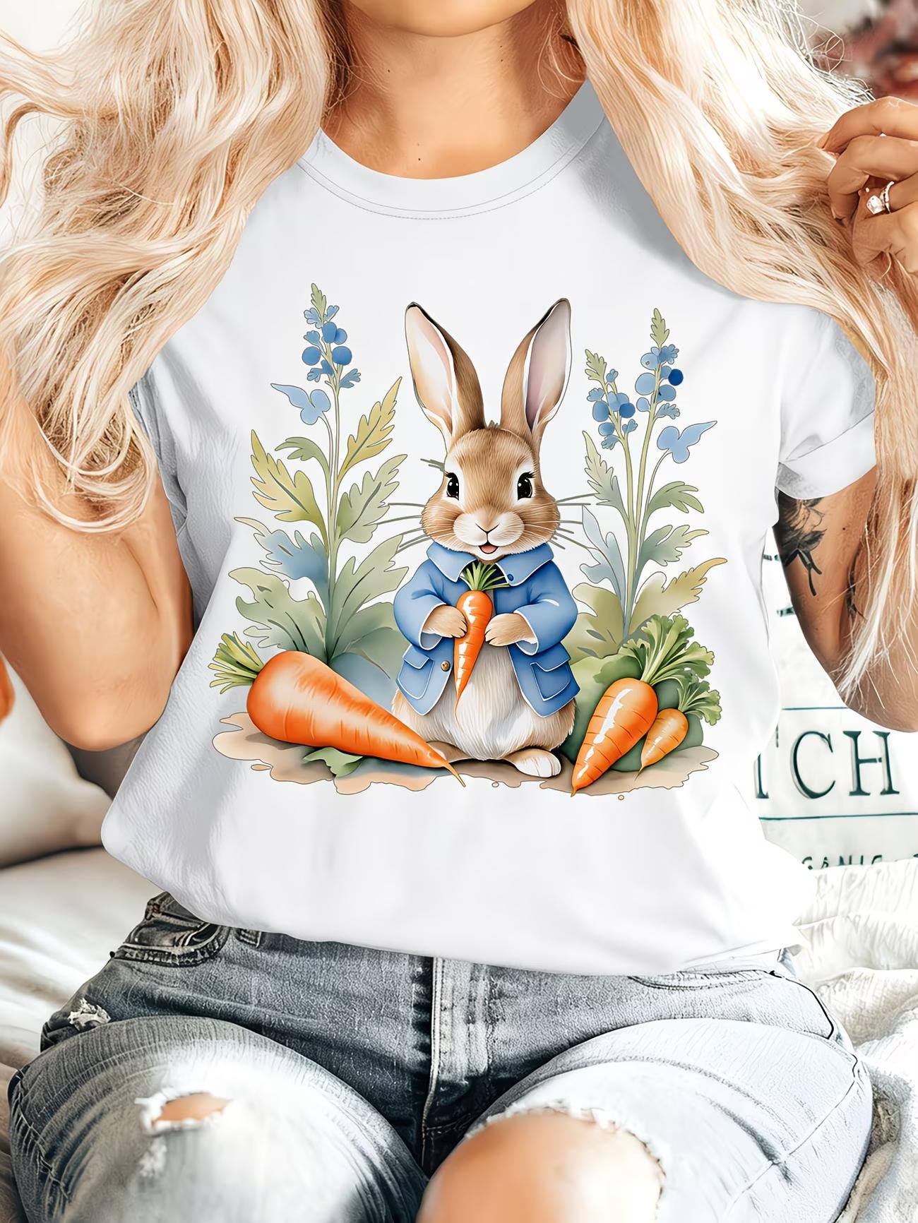 

Easter Gift Womens Summer Clothing Peter Rabbit Round Neck Short Sleeve TShirt Rabbit Holding a Carrot Sitting Among Flowers S