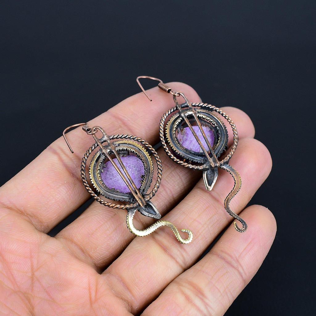 Purpurite 999 Copper Wire Wrapped Earrings, Handmade Gemstone Jewelry Earrings For Memorial Day