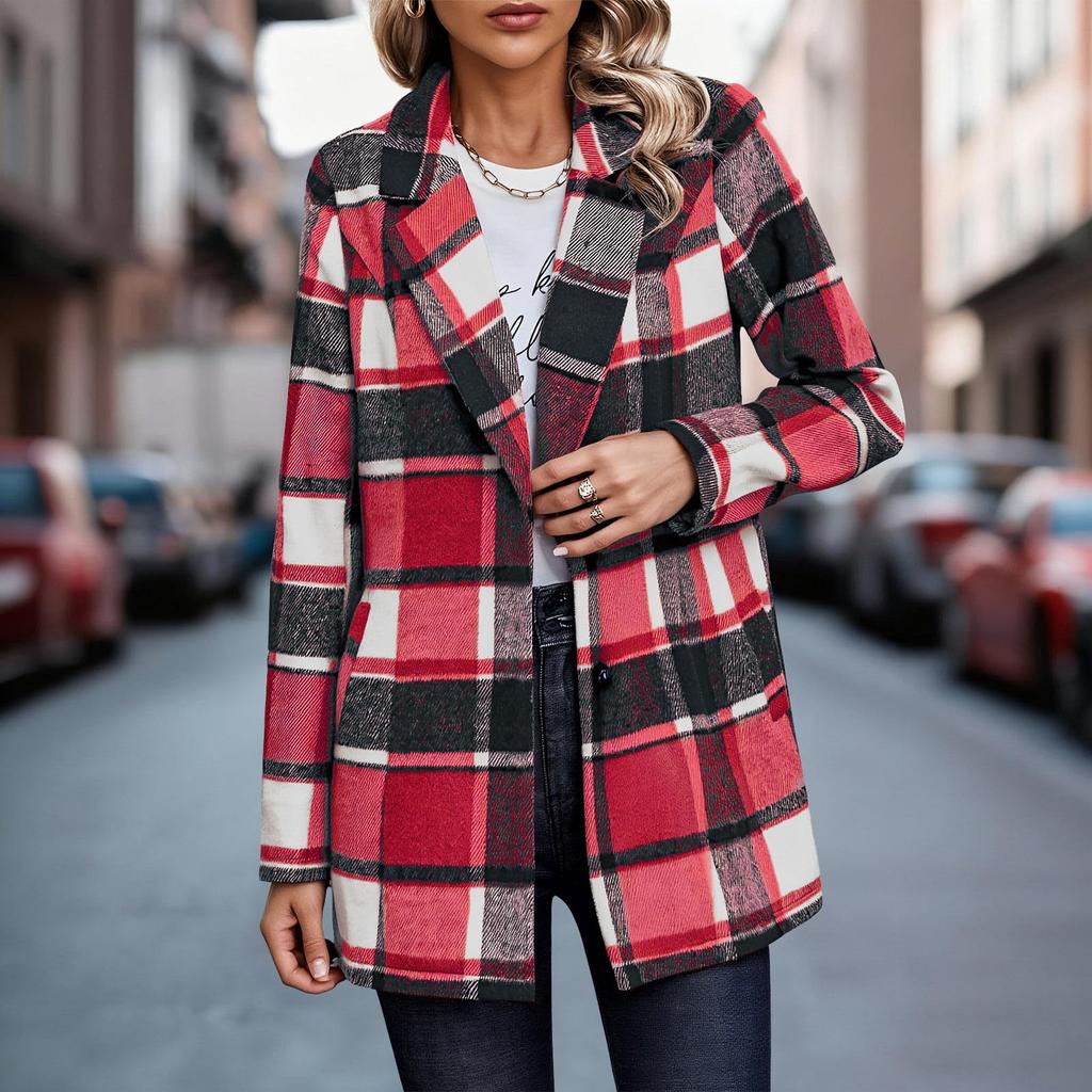Women's Casual Fashion  Plaid Shirt Medium Woolen Coat