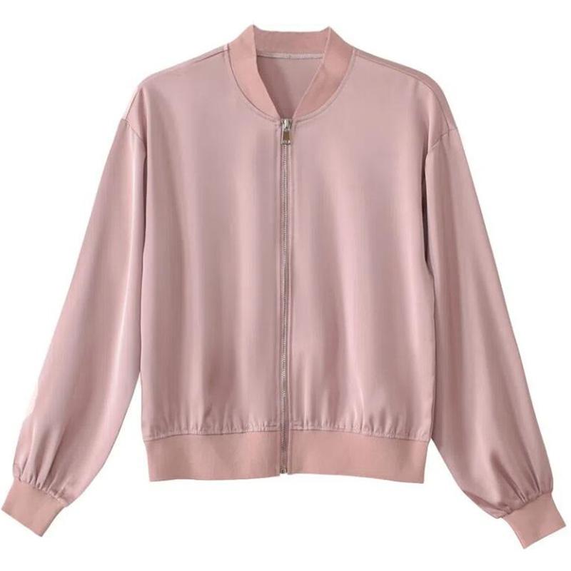 Hedvábné krátké bundy Dámské kabáty Volné saténové svrchní oblečení Jednobarevná látka Zip Baseballová bunda Jaro Podzimní oblečení Dámská bunda