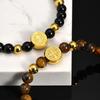 Benediktiner Perlenarmbänder für Männer Frauen, Goldfarbene Edelstahl Runde Anhänger Armband, Christlicher Religiöser Schmuck Geschenk