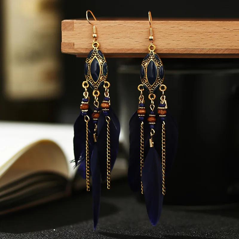 Bohemian Ethnic Feather Earrings For Women Long Tassel Beads Handmade Drop Dangle Earrings Girl Fashion Wedding Jewelry Gift