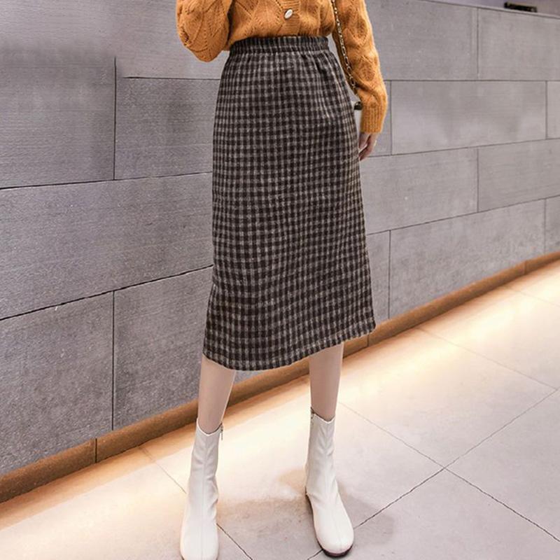 

Юбка в клетку с узором «гусиные лапки» для женщин на осень и зиму, утолщенная флисовая юбка выше колена, прямая юбка средней длины с разрезом на бедрах и запахом XL кофейный